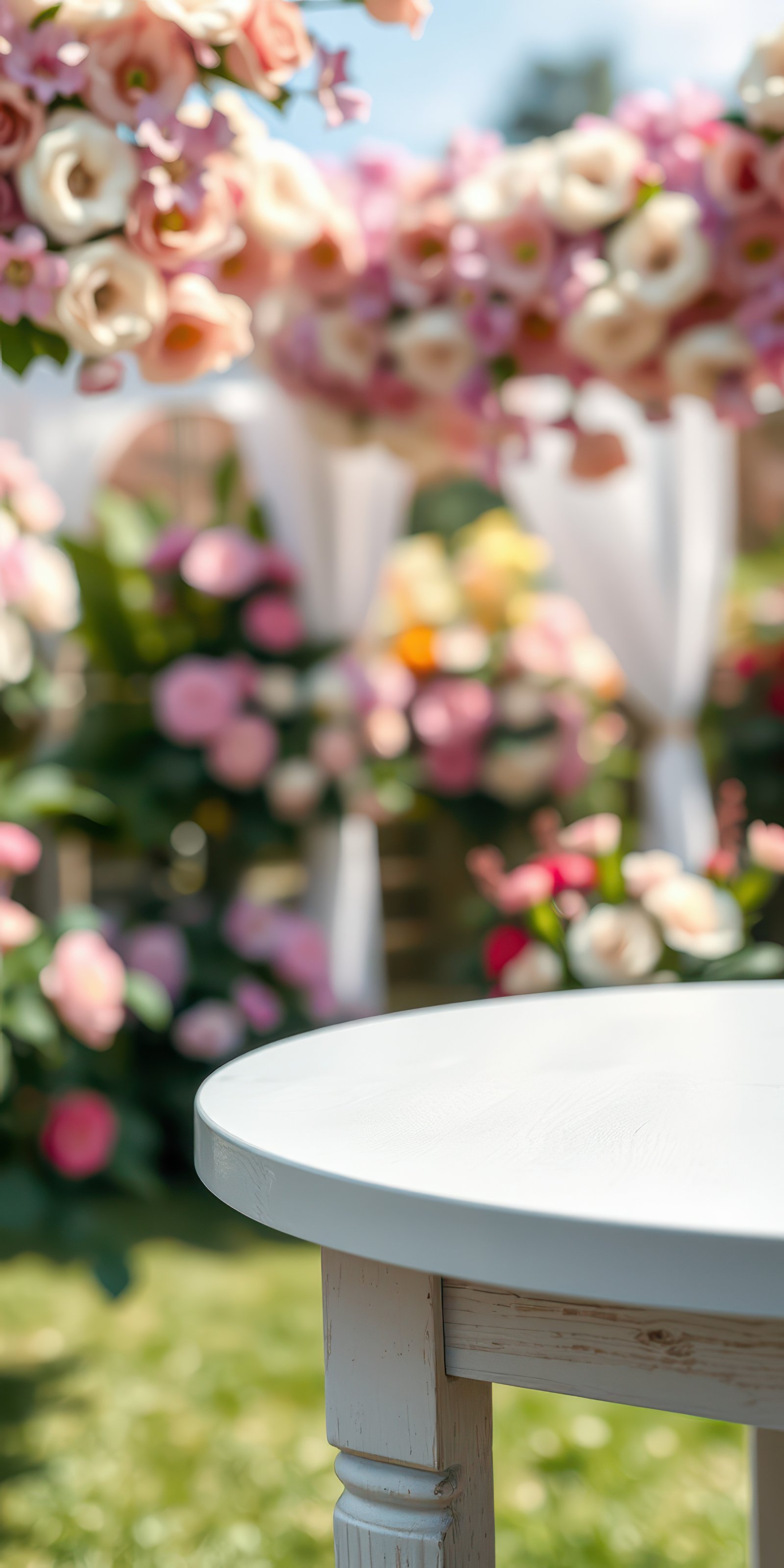 Beautiful garden setting with floral backdrop and elegant table ready for a special gathering or event in springtime